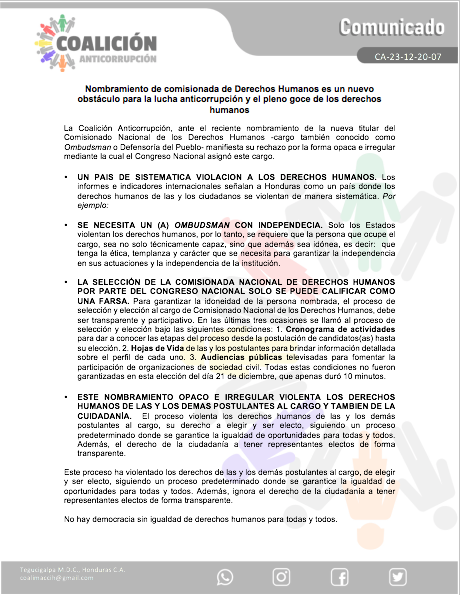 HNSincorrupcion's tweet photo. Rechazamos toda acción que deslegitime, coopte y destruya la institucionalidad. El proceso del @Congreso_HND para elegir la titular del @CONADEH, es una farsa que violenta el derecho de la ciudadanía a tener funcionarios electos de forma transparente 

#NoMasImposiciones https://t.co/bGvSB3PEgN