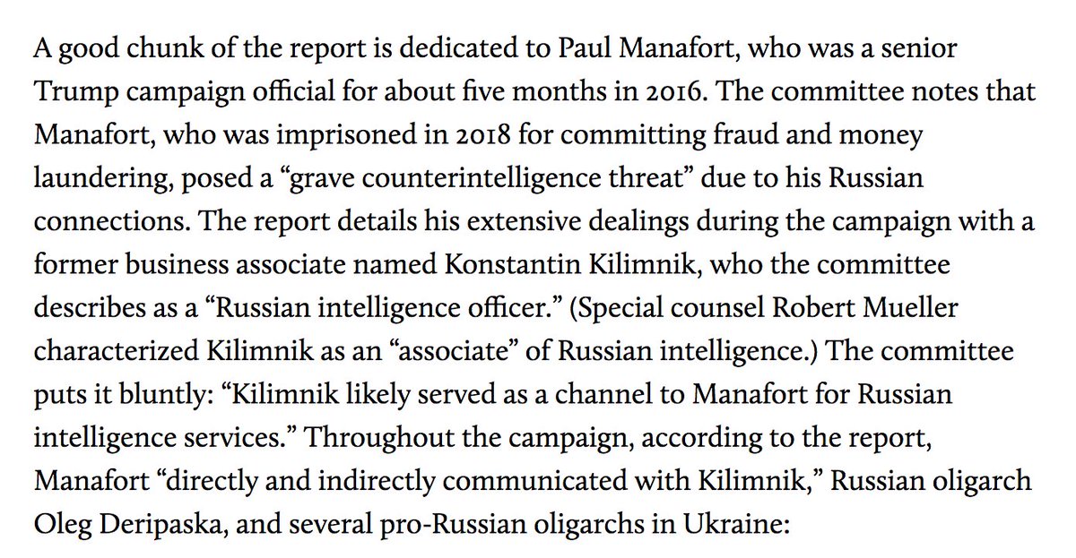 1. With Trump pardoning Stone & Manafort tonight, here's a thread. Remember the GOP-led Senate intel comm report said Manafort was in cahoots with a Russian intelligence officer during the 2016 campaign—while Putin was attacking the election to help Trump. https://www.motherjones.com/politics/2020/08/new-senate-report-manafort-linked-to-russian-intel-and-trump-campaign-helped-putins-2016-attack/