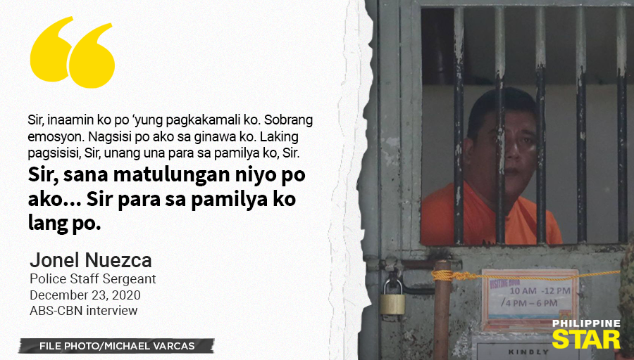 PhilippineStar's tweet photo. 'PARA LANG PO SA PAMILYA KO' 

Police Staff Sergeant Jonel Nuezca showed remorse for the tragic shooting incident that killed a mother and son in Paniqui, Tarlac and pleaded support for his family as he remains detained for double murder charges. https://t.co/FmWzHQeKji