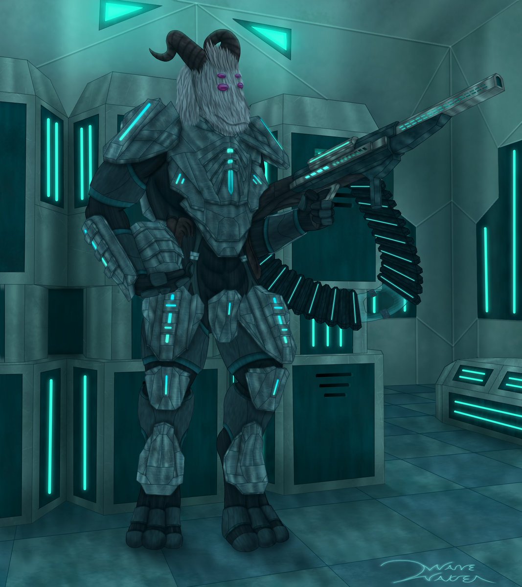 WakerWaves's tweet photo. A comm I did for an awesome friend of mine, featuring a heavy trooper of the modded Starbound species of peglaci, or space goats if you rather. Takes an absolute bleater to carry around a literal handheld flak cannon after all! https://t.co/j9sogvPL6G