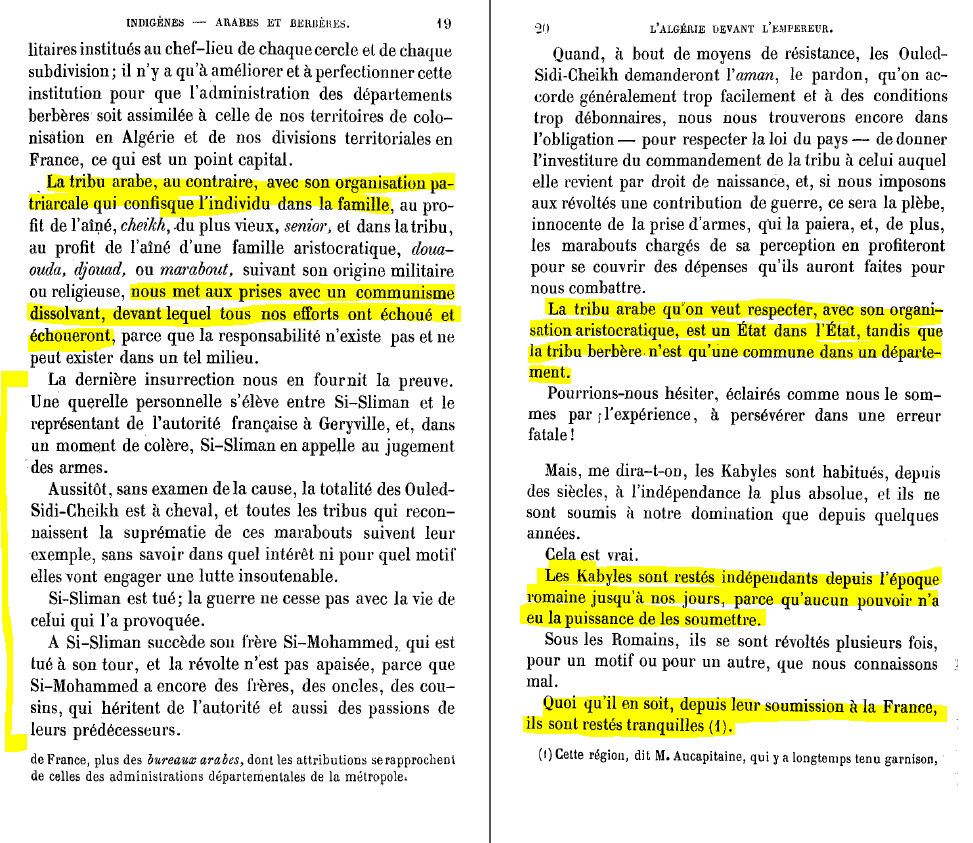 Passé une courte période d'orientalisme sous Napoleon III (1850-70) où il est question de bureaux arabes et même de la création d'un "royaume arabe" en Algérie, la tendance va s'inverser au détriment des arabes et de leur mode de vie jugé incompatible avec le projet colonial.