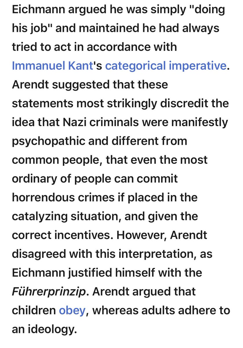 For those curious where the phrase “the banality of evil” came from, it’s this leadership principle that inspired the coinage of the term. When seemingly ordinary people adopt heinous policies or refuse to intervene, they’re following a Führerprinzip principle.