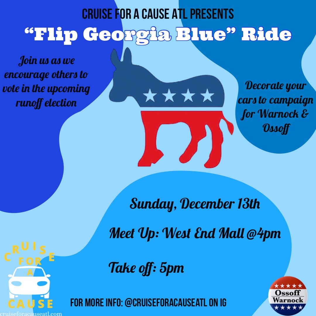 ATLC4AC's tweet photo. 💙JOIN US SUNDAY💙

LET’S VOTE &amp; FLIP GEORGIA BLUE💙! @ossoff @ReverendWarnock 

#atlanta #atlantarally #flipgablue #jonossoff #raphaelwarnock #georgiavoter #vote #useyourvoice #bidenharris2020 #cruiseforacauseatl https://t.co/KQzCqQMAdc