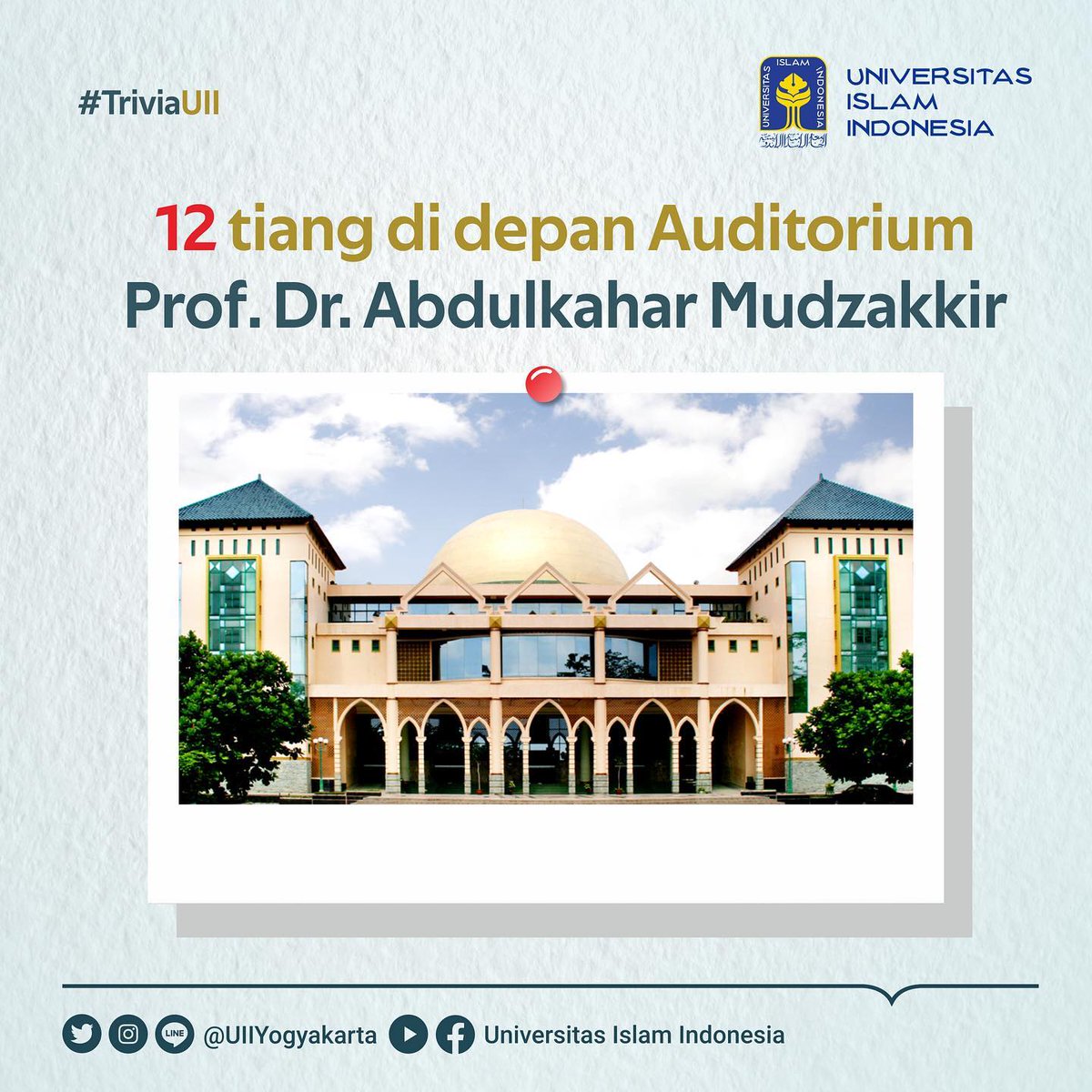 UIIYogyakarta's tweet photo. - 12 tiang di depan Auditorium Prof. Dr. Abdulkahar Mudzakkir. 

- 12 anak tangga di masing-masing tangga ke tiga dan ke empat menuju Masjid Ulil Albab. 

Selain itu, kira-kira hal apalagi ya yang berkaitan dengan angka 12 di UII? 🤔

#TriviaUII
#KampusUII
#UIIYogyakarta https://t.co/gsSxKP7umq