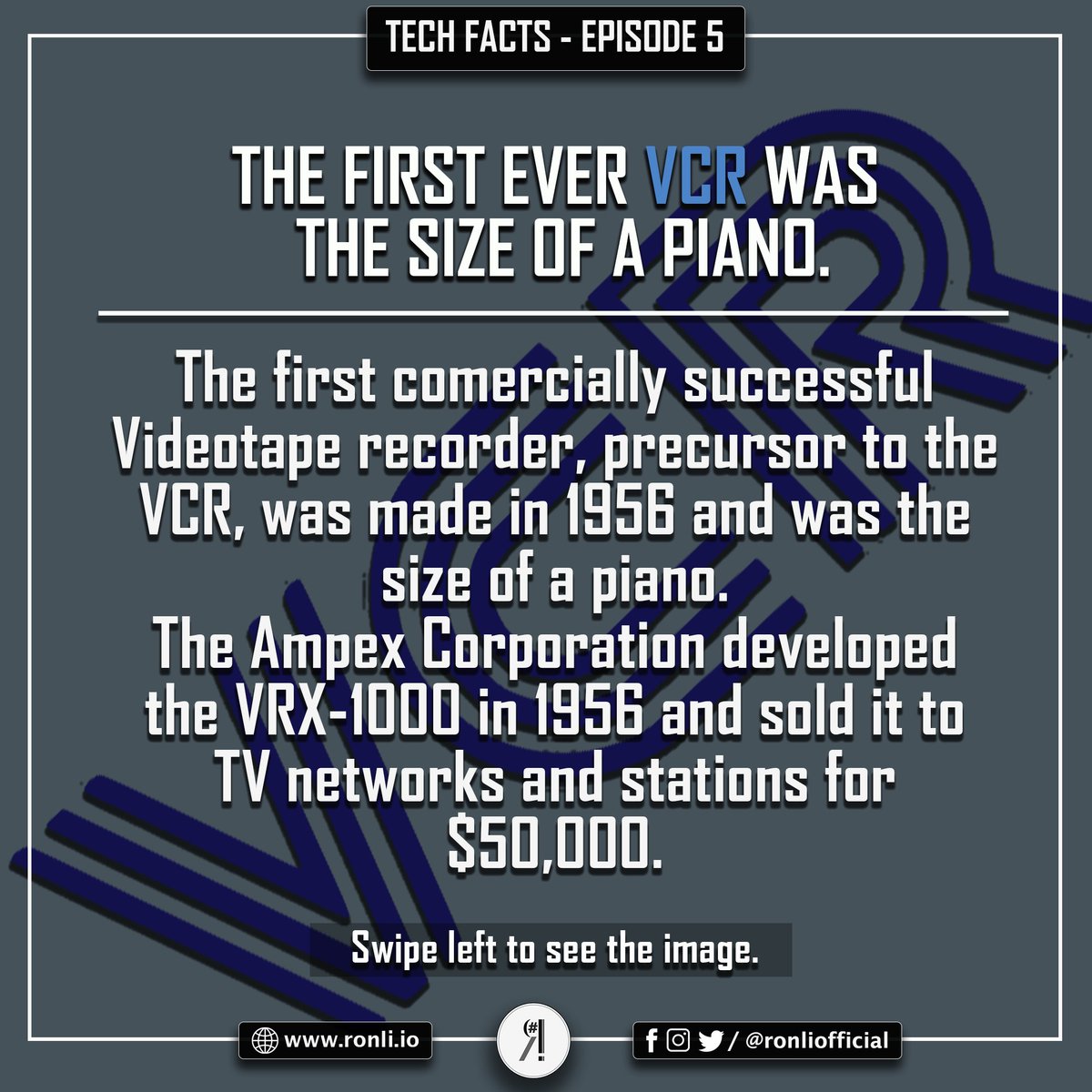 RonLiOfficial's tweet photo. Tech Facts Season 1 Episode 5 - The first ever VCR was the size of a piano.
#techfacts #tech #facts💯 #series #episode #five #vcr #ampex #tvtime #technologyiscrazy #securityinmind #qualityoverquantity #RonLi https://t.co/MwHpmgwv7Y