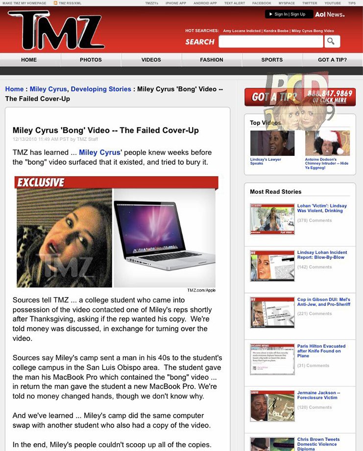 the tape had supposedly been stolen from a friend's camera, with the website further alleging miley's team had known about it for weeks, having attempted to snatch up any copies, and swapping laptops with a couple of college students who'd somehow gotten a hold of the footage