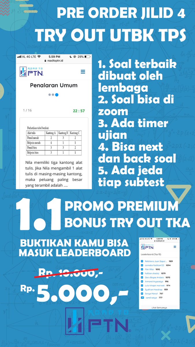 tryoutroadtoptn's tweet photo. [PREORDER JILID 4 TRYOUT UTBK TPS ROADTOPTN]

Cukup dengan Rp5000,- saja, kamu bisa dapatin satu paket tryout UTBK TPS dengan fitur lengkap dan terbaik. Yakin gamau ikutan? Kuota terbatas guys 🔥

Info lengkap bisa lihat di https://t.co/u9E7BPXojt https://t.co/osCJ4sqTld