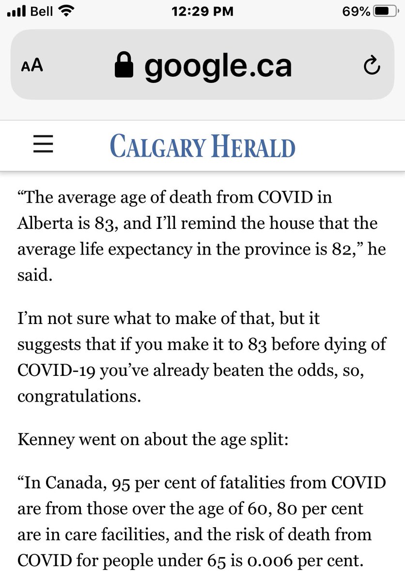 The policies enacted by Con premiers do one thing. Increase the risk that those most vulnerable to COVid will contract and die from the virus. Kenney stated this clearly and without reservation. He has never hidden his priorities.  https://calgaryherald.com/opinion/braid-kenney-begins-to-normalize-covid-19-as-a-risk-mainly-to-the-elderly-almost-zero-danger-to-the-young