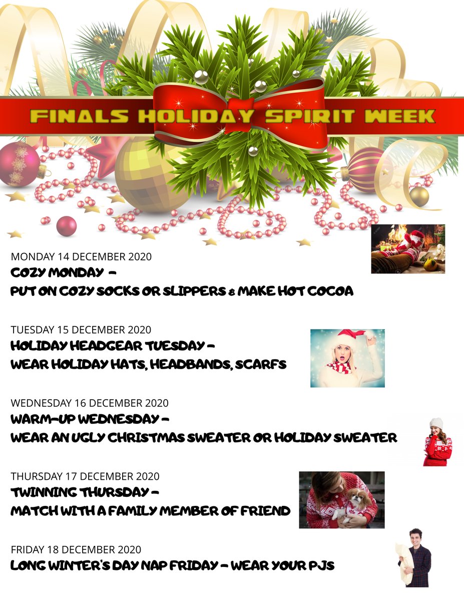 Ecity_News's tweet photo. Hey Tigers! Don't miss next weeks Finals Holiday Dress-Up Days! Show us your school spirit!  Don't forget to tag us! We ❤️ Our Tigers! #tigerspirit @joeymunoz540 @ehs_counselors @LinktheTigers https://t.co/8IqdcohdGy