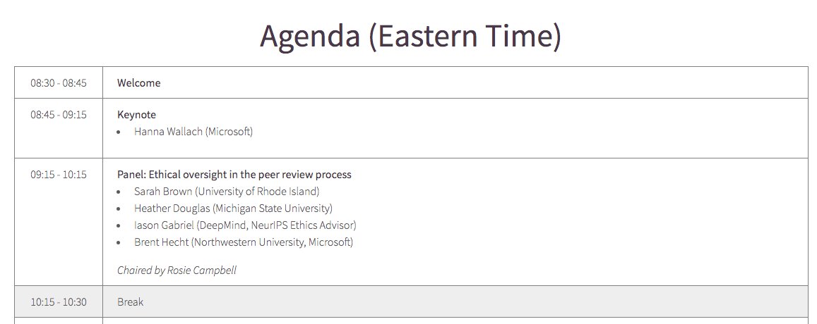 Our workshop on "Navigating Broader Impacts of AI Research" is happening TODAY. We're going to talk about something the AI/ML crowd has been avoiding for a while now... research ethics. ( https://nbiair.com/&nbsp;)First up:  @hannawallach will grace us with the opening Keynote!
