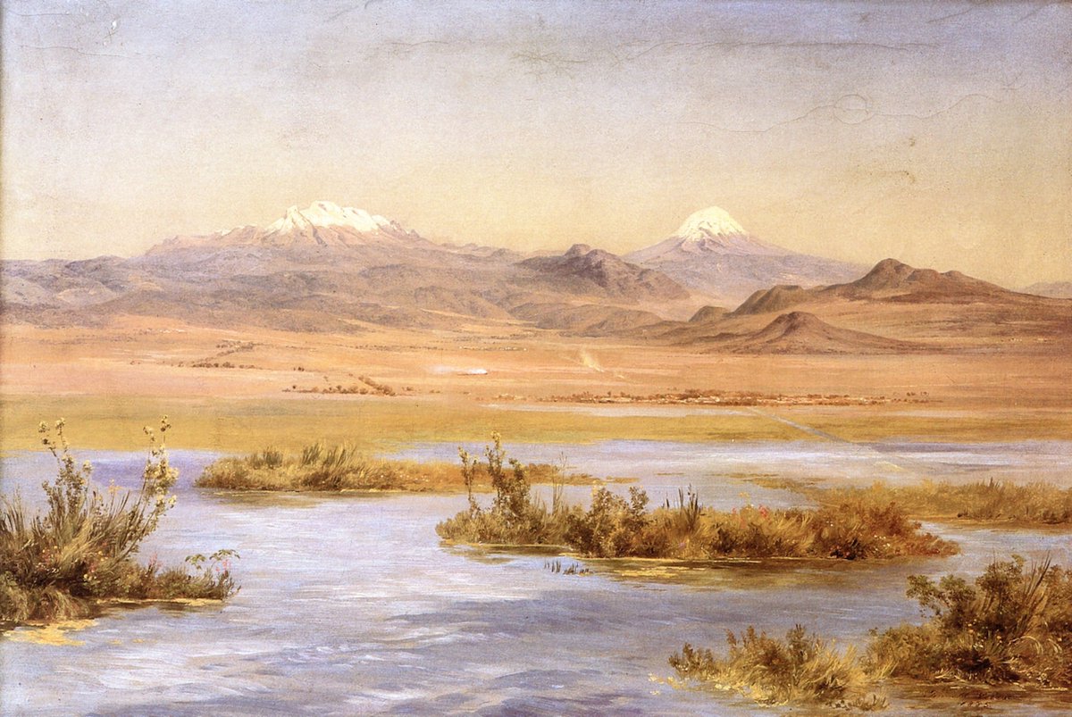 El Popocatépetl y el Iztaccíhuatl desde el lago de Chalco, 1885 #mexicanart #velasco