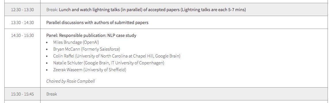  @RosieCampbell will come back to lead a discussion on a specific case study - specifically that of large language models. What are the impacts? How do we build & publish responsibly?  @Miles_Brundage,  @colinraffel,  @ZeerakW, Bryan McCann &  @natschluter will dive into the details!
