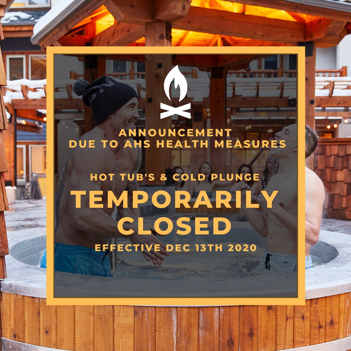 CanaltaLodge's tweet photo. Following the new restrictions here in Alberta we will be temporarily closing our hot tub's &amp; cold plunge tub starting Sunday Dec. 13th 2020. 
Thank you for understanding. 
The Canalta Lodge Team

#stayhealthy #travelalberta #banff #mybanff #alberta #canaltalodge https://t.co/khD6UmT3jf