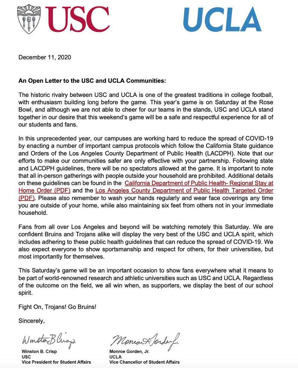 An Open Letter to the USC and UCLA Communities: 
https://studentaffairs.usc.edu/files/2020/12/UCLA-USC-Letter-121120.pdf