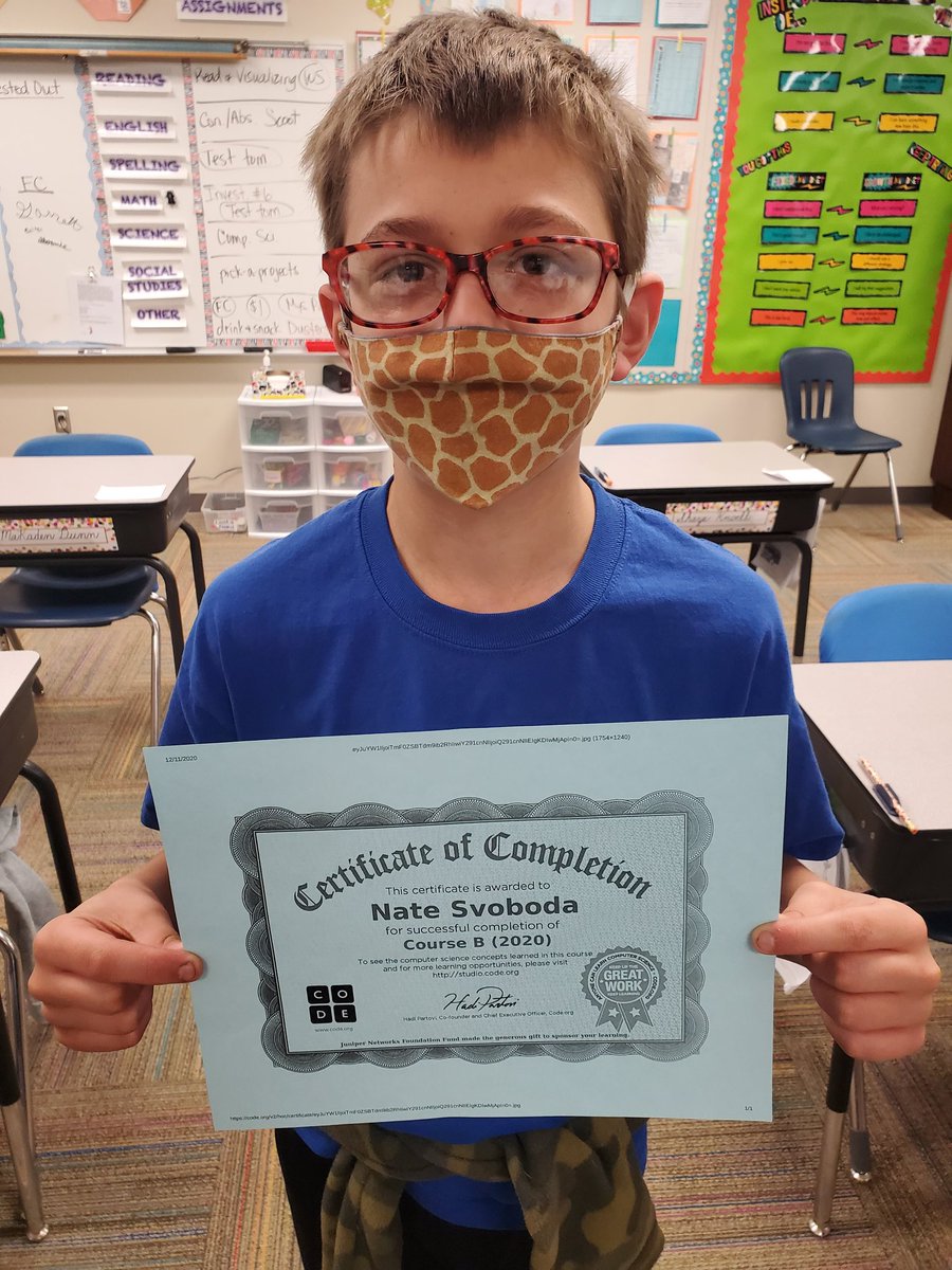 Congrats to Nate Svoboda for being the first to complete the #coding course in #science!!! #holdregedusters #computerscience #sciencerules #4thgrade #hourofcode #thedusterway