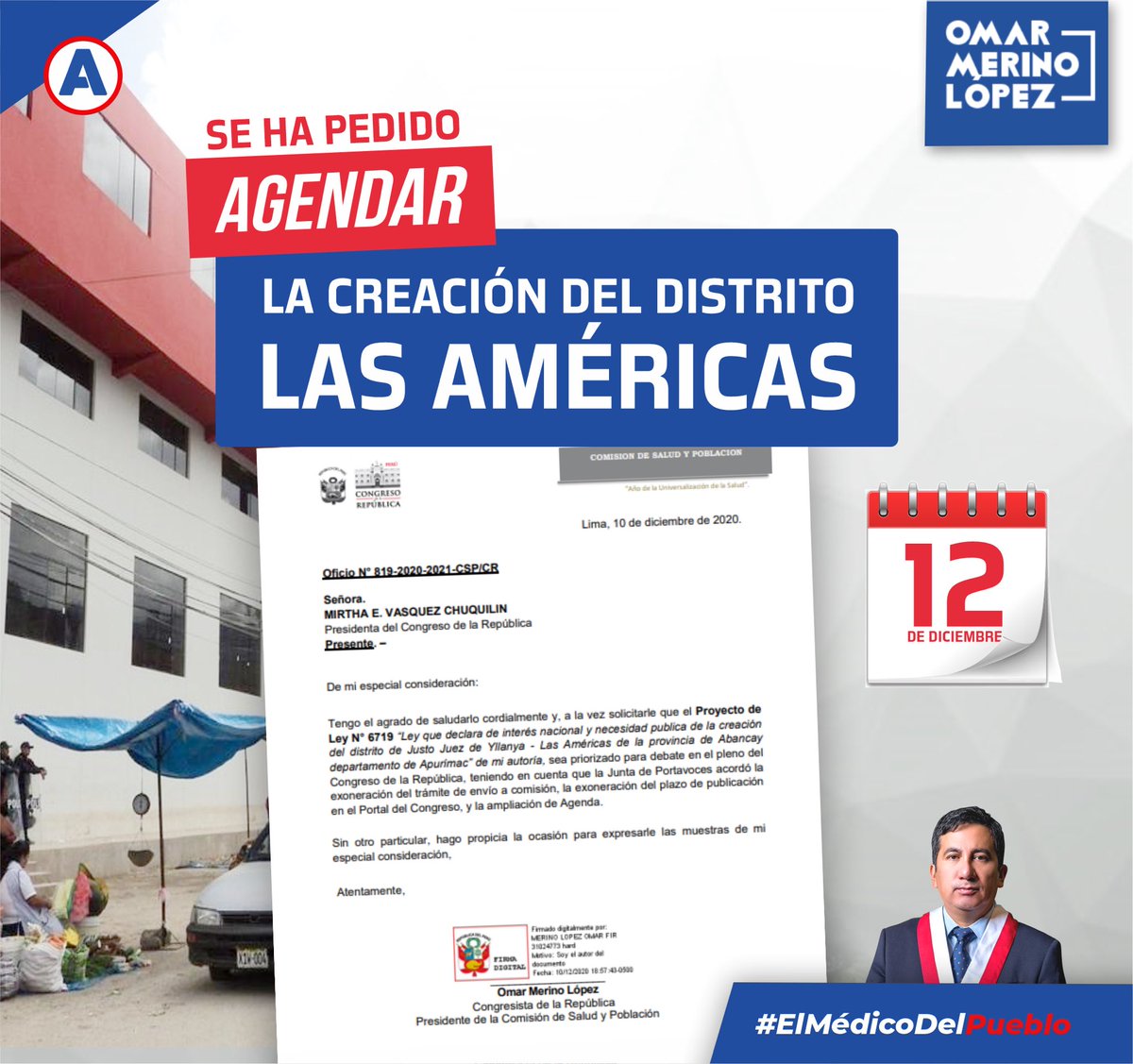 OmarMerinoAPP's tweet photo. La creación del distrito Las Américas 🇵🇪 es de suma importancia para la región Apurímac, por ello pedimos que su debate se agende para el pleno de mañana. #ElMédicoDelPueblo #APPTeRepresenta https://t.co/xEPURinZci