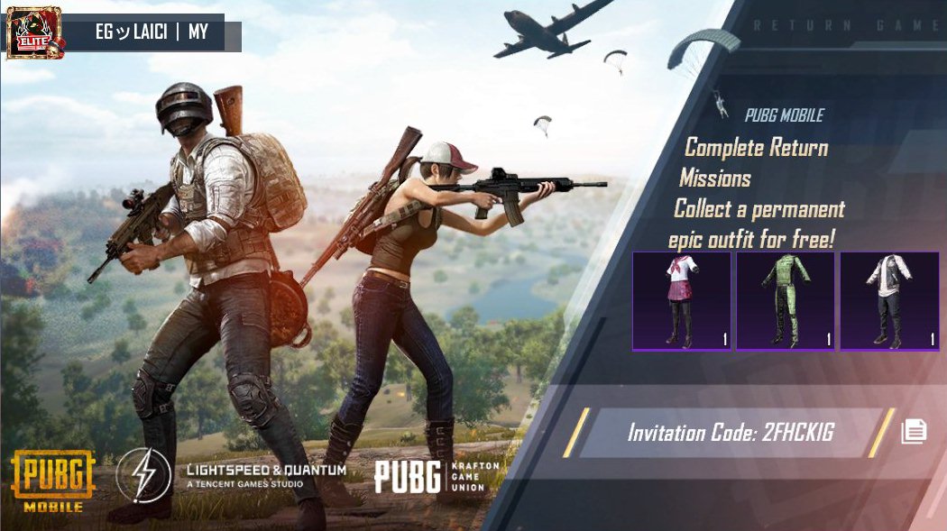 aancem02's tweet photo. Complete PUBG MOBILE Return Missions! Collect a permanent epic outfit for free! My invitation code: 2FHCKIG https://t.co/szsxFA7QJs https://t.co/SX3zdzaha3