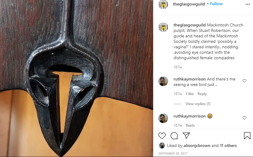 He totally got away with these in Queens Cross Church in Maryhill! All down one wall.  Fait accompli, first the Church of Scotland Ministers them was when he was leading them around on opening day.Can you imagine them standing there, unable to say anything, CRM twinkl'n