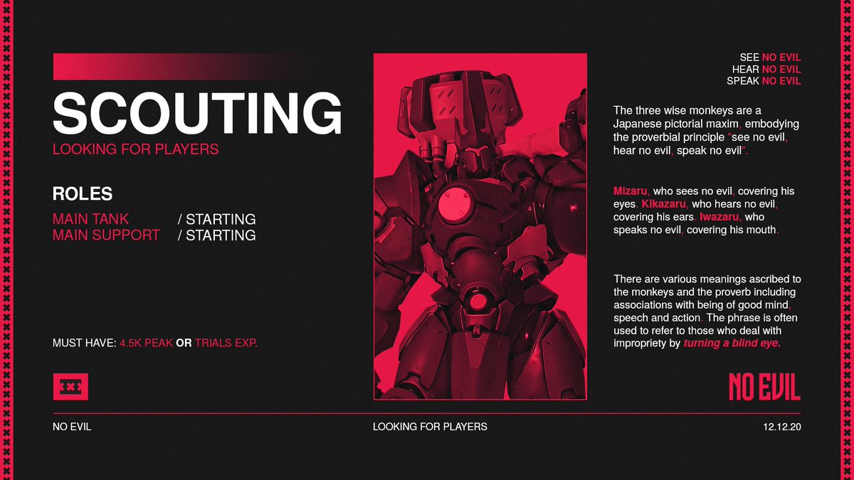 We are currently scouting players for both the starting main tank and main support positions! 

Requirements:
 - 4.5k Peak or Trials+ Experience
 - Hard working
 - Dedication to improving

Join our discord (discord.gg/CT93ahTKWJ) and message Debit#7914 for more information.