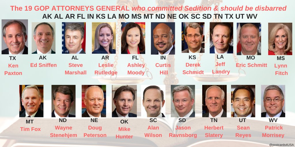 Here are the faces of #SeditiousGOP Attorneys General who 'engaged in insurrection' & joined the frivolous #SCOTUS-rejected Texas lawsuit.
They should be disbarred & investigated for a conspiracy to commit sedition, subvert American democracy & overturn the will of USA voters.