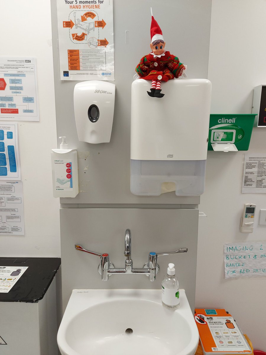 AliceScrivens's tweet photo. Our Radiology Elf wearing his Christmas Jumper. Singing happy birthday to people whilst they wash their hands. @RadiographyGHT @gloshospitals https://t.co/ThHyFX7Qb4