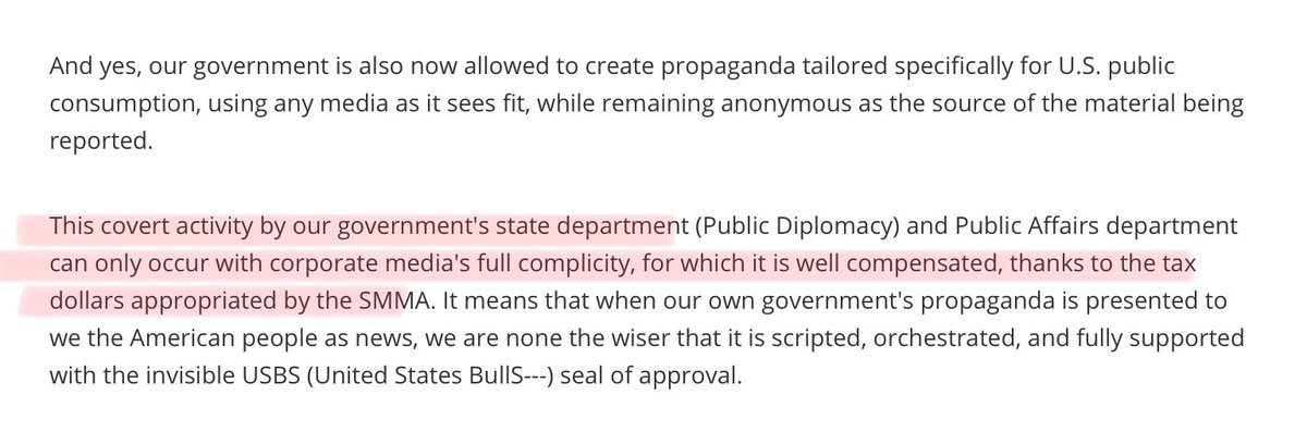 It would appear that we are the ones paying them to spread propaganda.Now, I had remembered that somehow Obama made propaganda against Americans legal again, but I didn't connect that the funding, ultimately, came from us.