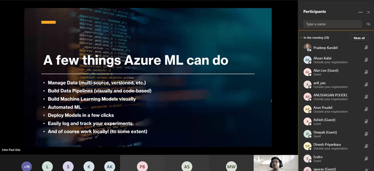PradeepKandel's tweet image. LIVE Now! Developing #AzureMachineLearning Solutions Locally by @jepedesu- Microsoft Azure AI MVP from #Philippines at #APAC Data event! Join us now at: bit.ly/3gLEkEP #PowerAutomate #PowerBI #Azure #AzureAI #AzureML #SQL #AzureSQL #PowerPlatform