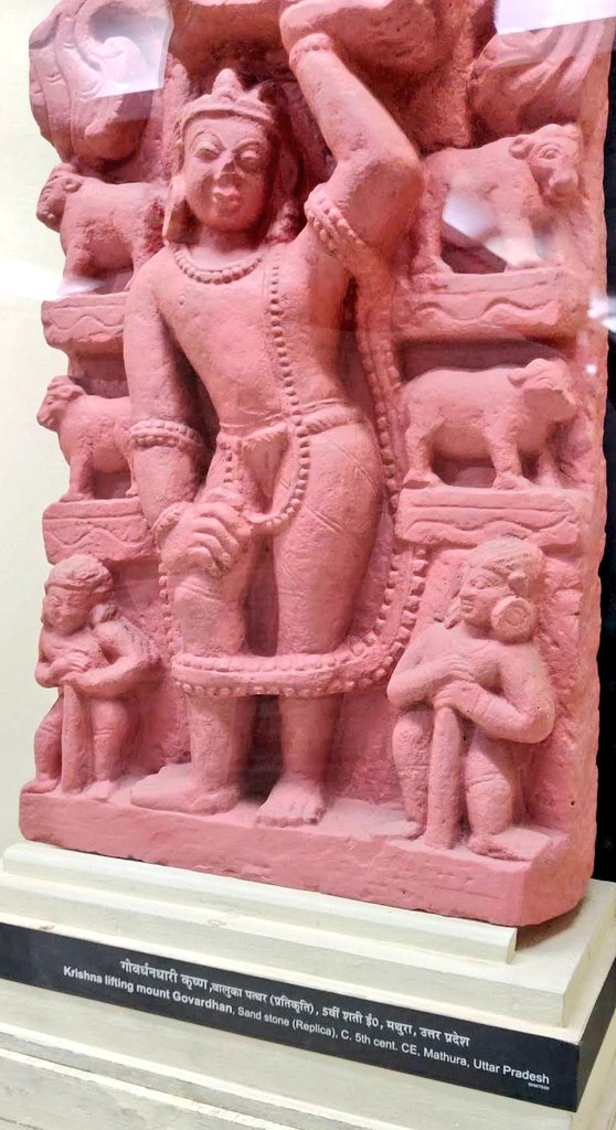 AncientGreats's tweet photo. Sculpture representing BHAGWAN KRISHNA standing and balancing GOVARDHAN PARBAT on his left hand.

The sculpture is amongst earliest representation (c. 5th century CE) of Krishna found at MATHURA.

2nd IMAGE shows the replica of this Mathura sculpture kept in Kurukshetra Museum. https://t.co/FnYmI3suZ4