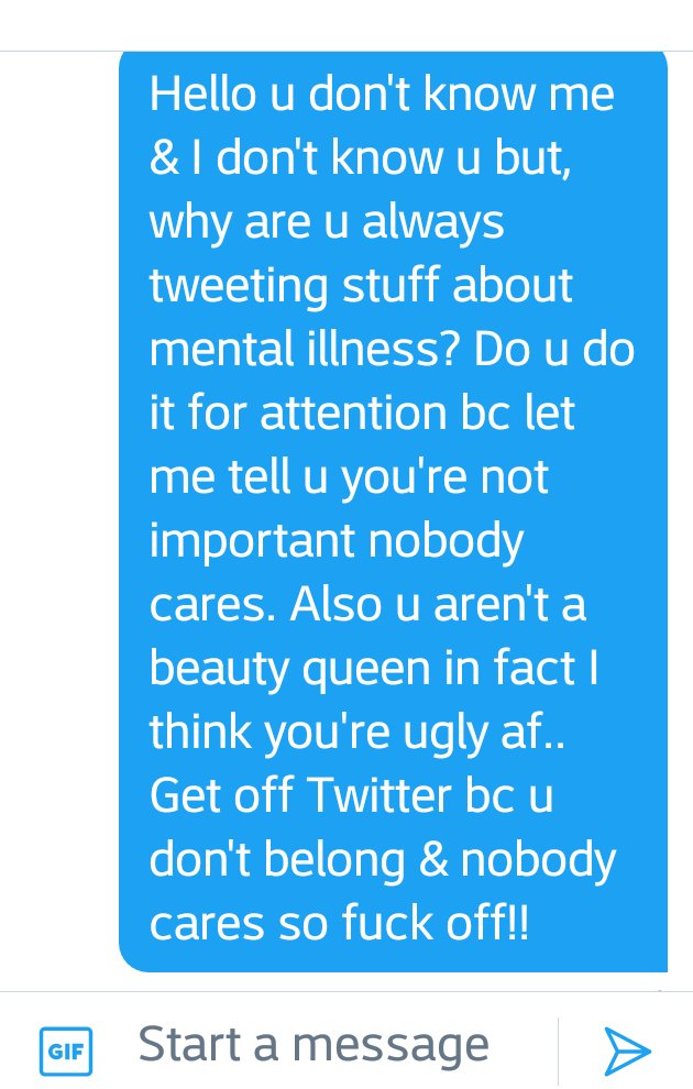 shabblack's tweet photo. To the jerk who sent me this dm...π π
Why are u/ppl so cruel & mean???? If u don't like me that's fine simply mute me, block me, BETTER YET GET OFF MY DAMN PAGE & GET A LIFE!!!! No sense in U or ANYONE else being as cold & heartless as u are!!!
#NotGonnaBreakMe https://t.co/Q6ErbE4mz4