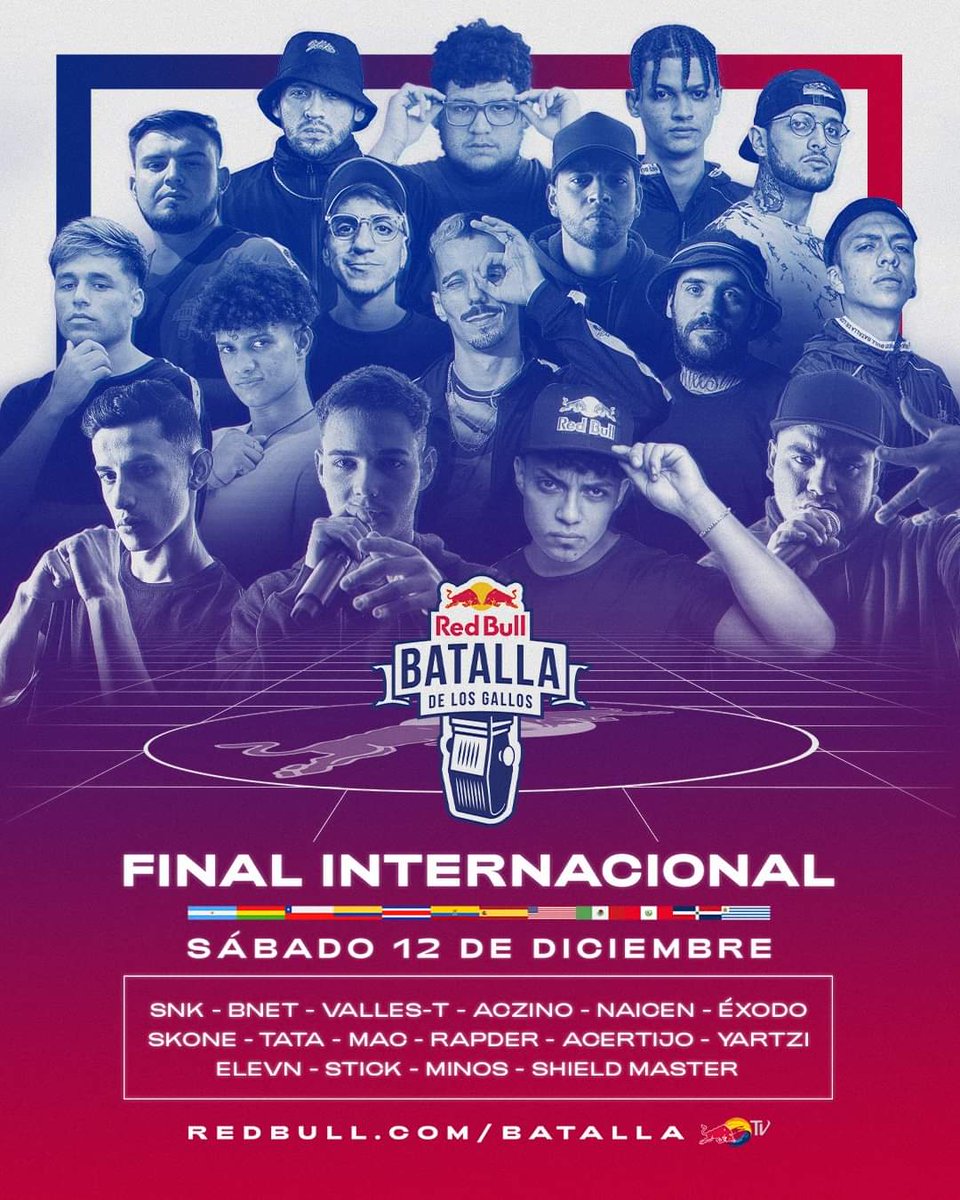 Se transmitirán los emparejamientos en exclusiva por redbull.com/batalla Mira la Final Internacional de Red Bull Batalla de los Gallos 2020 este sábado.

13:00 🇬🇹🇨🇷🇲🇽
14:00 🇪🇨🇵🇪🇨🇴🇵🇦🇺🇸
15:00 🇻🇪🇩🇴🇧🇴🇨🇺🇵🇷
16:00 🇨🇱🇦🇷🇺🇾🇵🇾
20:00 🇪🇸