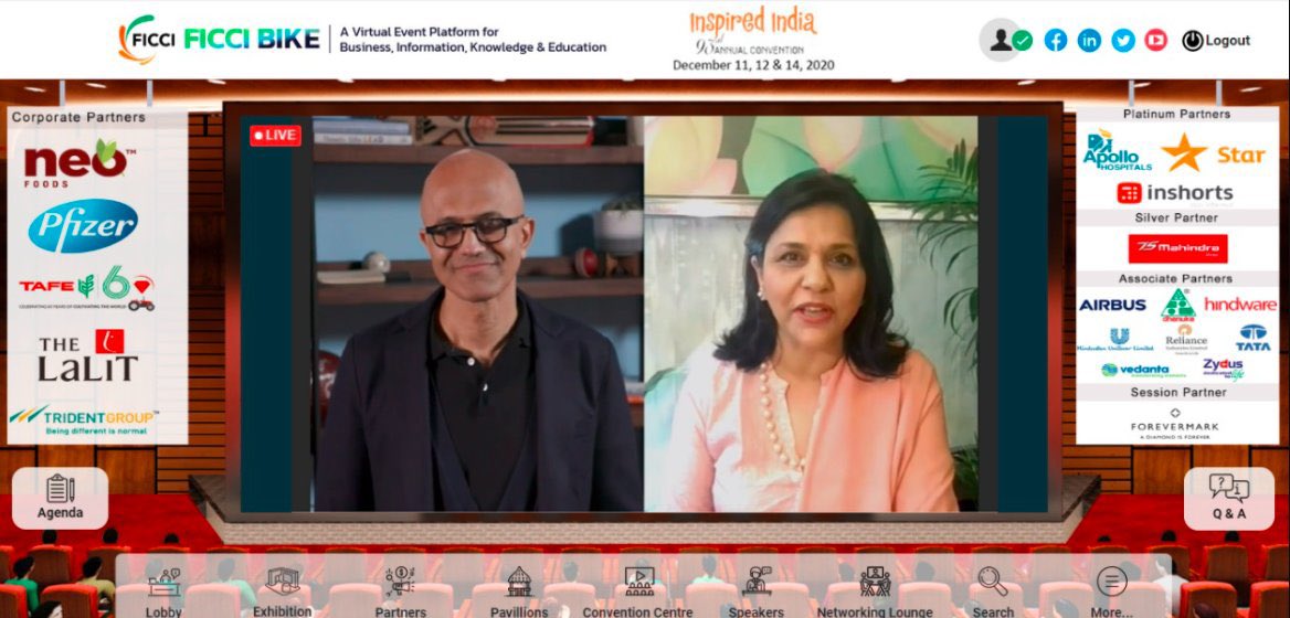 ficciannualexpo's tweet photo. FICCI President Dr Sangita Reddy is live in conversation with @Microsoft CEO Mr @satyanadella at #FICCIAGM. Tune in to see the visionaries now! #365DaysOfBusiness https://t.co/sRNu9pJPsv