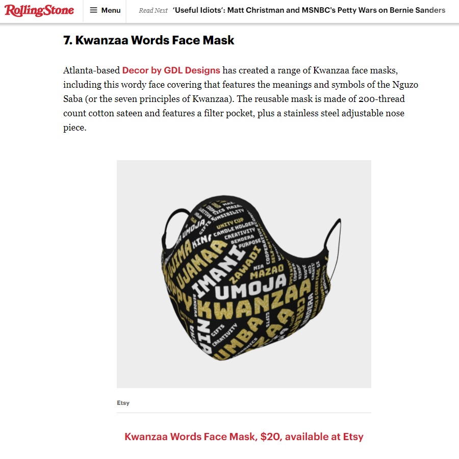 decorbyglds's tweet photo. We are so excited to have been featured in a Rolling Stone article!  Our #Kwanzaa face mask made it to #7 on their best holiday face masks list! 😁 @RollingStone https://t.co/fCLGVLz8Bf

#Excited #Grateful #KwanzaaMasks #HolidayMasks #RollingStone #FeaturedOnRollingStone https://t.co/SCmWM3VgFe