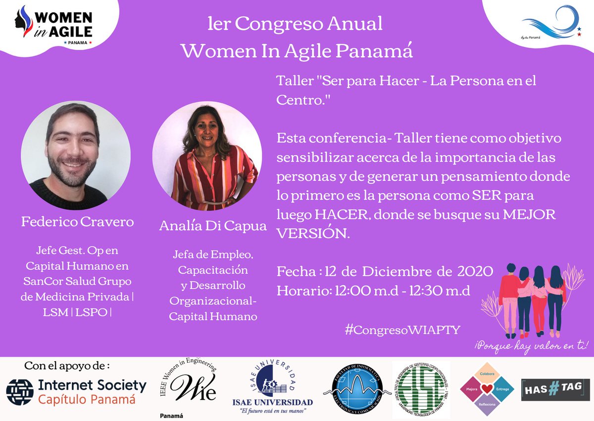 👨🏻‍💼 👩🏻‍💼 Federico Cravero y Analia Di Capua los esperan mañana en el #WIAPanamá2020 con el taller "Ser para Hacer, la Persona en el Centro"
📆 12 de diciembre
🕘 9:00 am. a 1:15 p.m.
🌐 registrate para enviarte el enlace lnkd.in/eATFWxW
#WomenInAgilePanamá 
#HRAgile