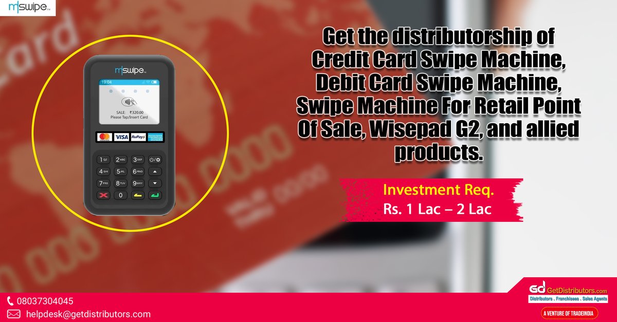 getdistributors's tweet image. Get the #distributorship of Card Swipe Machine, Swipe Machine for Retail Point of Sale, Wisepad G2, and allied products. To grab this #BusinessOpportunity, share your contact details.

#SwipeMachine #CardSwipeMachine