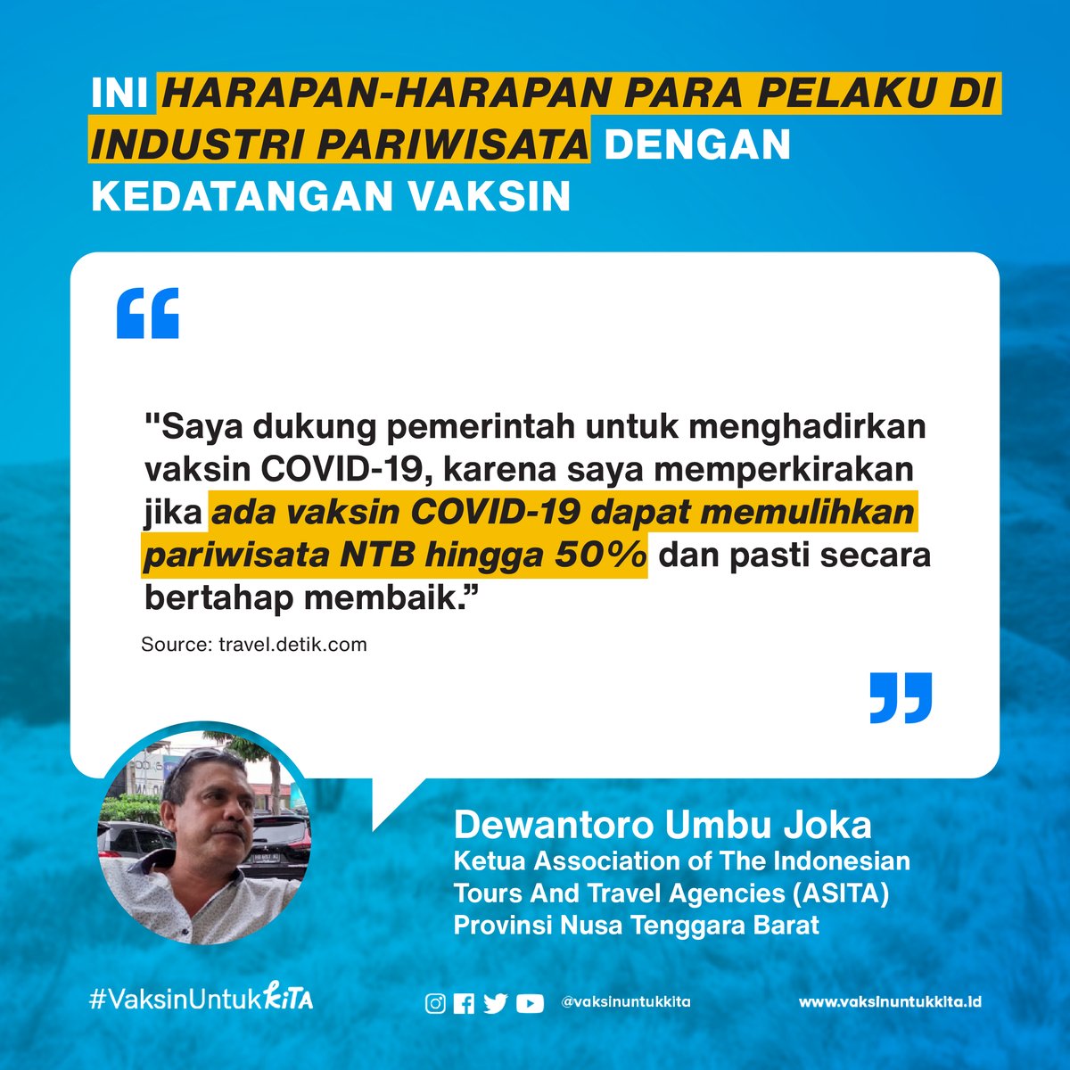 VaksinUntukKita's tweet photo. Di masa-masa seperti ini, kita harus mendukung satu sama lain untuk tetap semangat dan ingat kalau semuanya akan segera berlalu dan ekonomi bangsa bisa bangkit lagi seperti dulu. Doanya juga kencengin ya guysss agar vaksin bisa cepet digunakan 🤲🏼 

#VaksinUntukKita https://t.co/4INsiVdKeb
