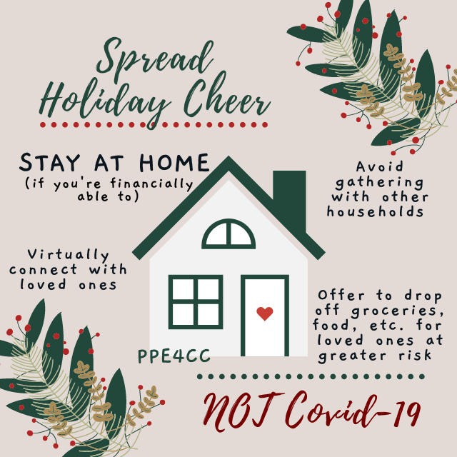 Let's work together this holiday season to reduce the number of cases, hospitalizations, &amp; deaths due to COVID-19 by staying at home as much as possible. When going out reduce the amount of time in 
crowded &amp; poorly ventilated settings &amp; stay at least #6FTApartAndMasked
