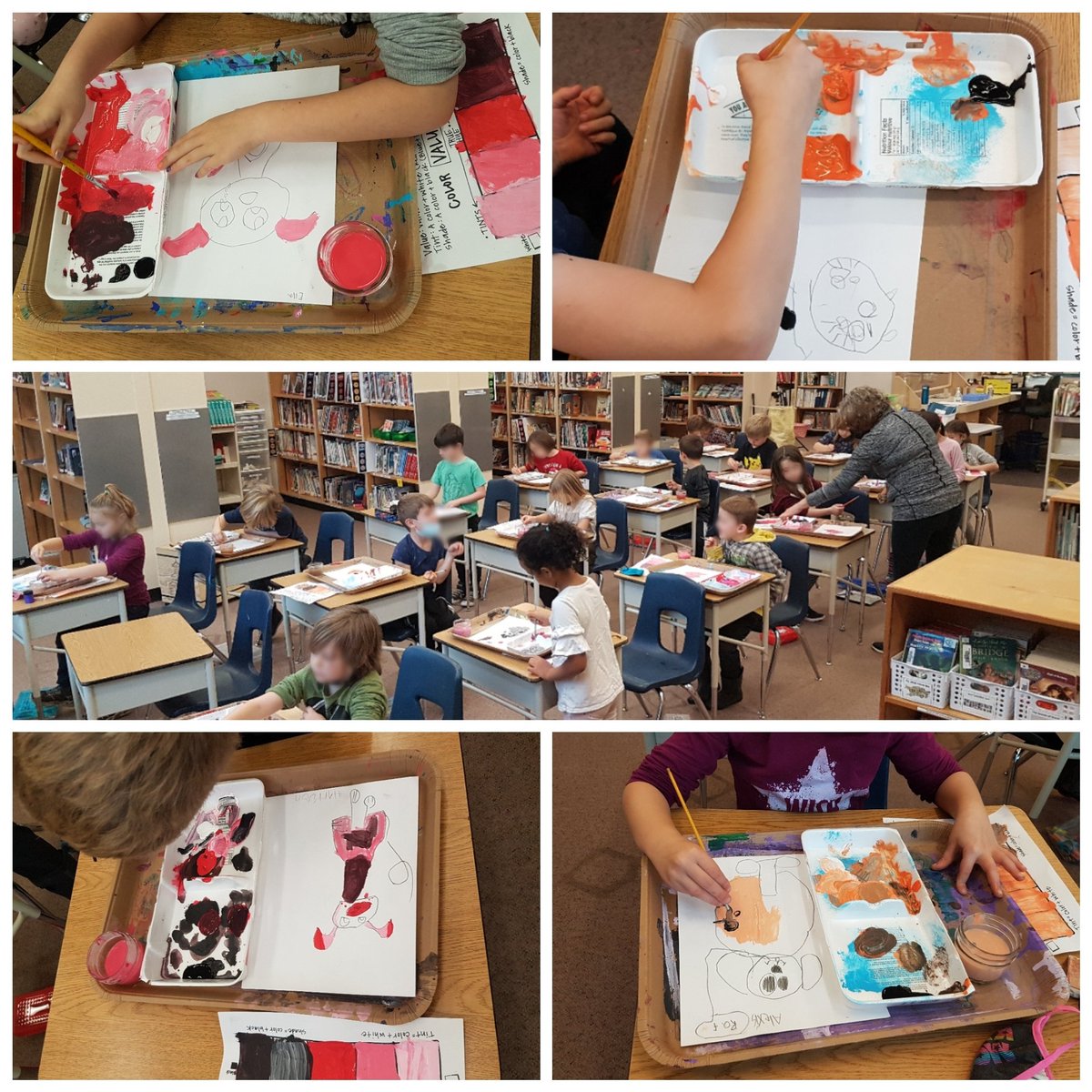 Our gr.1/2 #ADST class hard at work on their hotdogs inspired by @George_Rodrigue's #bluedog.  We are exploring how artists and designers use colour #AppliedSkills #ElementsOfDesign #WarmColours #Colour #tints #shades