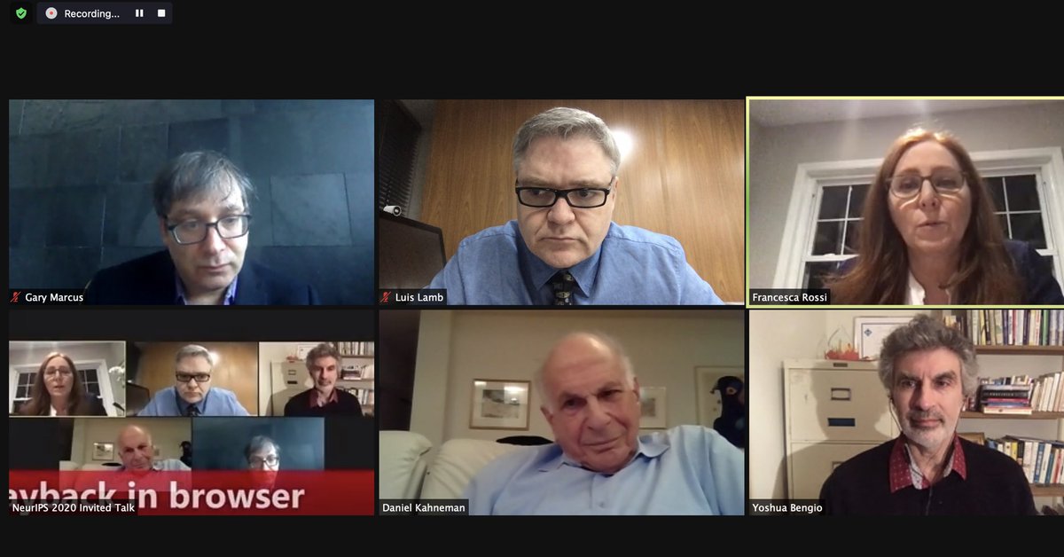 luislamb's tweet image. NeurIPS panel on human intelligence vs AI: w/@frossi_t @GaryMarcus @kahneman_daniel &amp;amp; Yoshua Bengio. Great debate on The Future of AI, #neurosymbolicAI,  #MachineLearning, Causality and Human Intelligence. #NeurIPS2020
