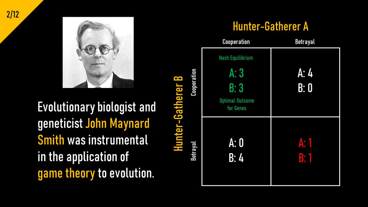 2/ Biologist J. M. Smith drew on game theory to describe the way humans evolve to propagate their genes.Whilst individual humans might benefit from robbing the weak, cooperative tribes do better overall. Cooperation represents the "Nash Equilibrium" that leads to group survival