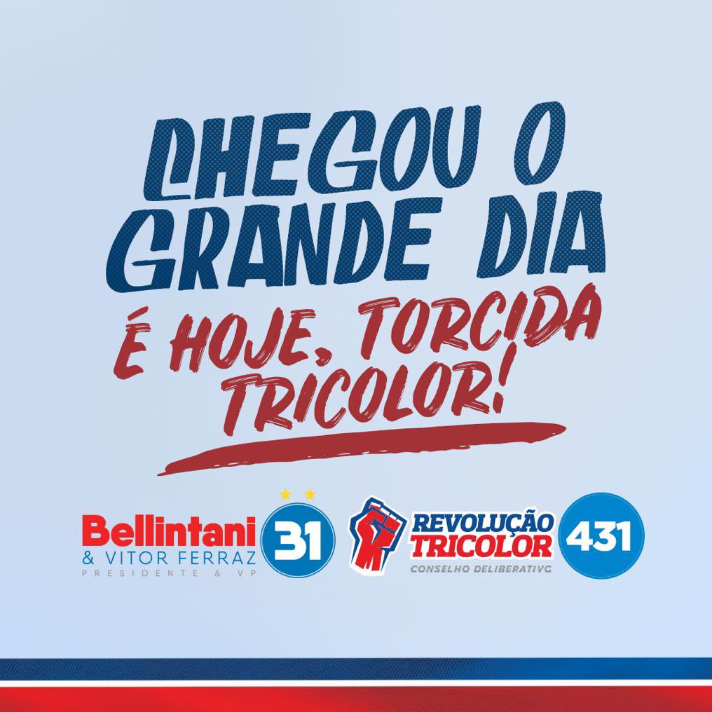 revoluctricolor's tweet photo. Hoje é o dia da festa democrática do @ECBahia.
É dia de exercer o nosso direito de voto, que lutamos tanto para conquistar.
Vote 31 @gcbellintani @ferrazvitor e 431 para @revoluctricolor.
#Vote31 #BahiaFoRTe #BBMP #Vote431 https://t.co/483I60vrTs