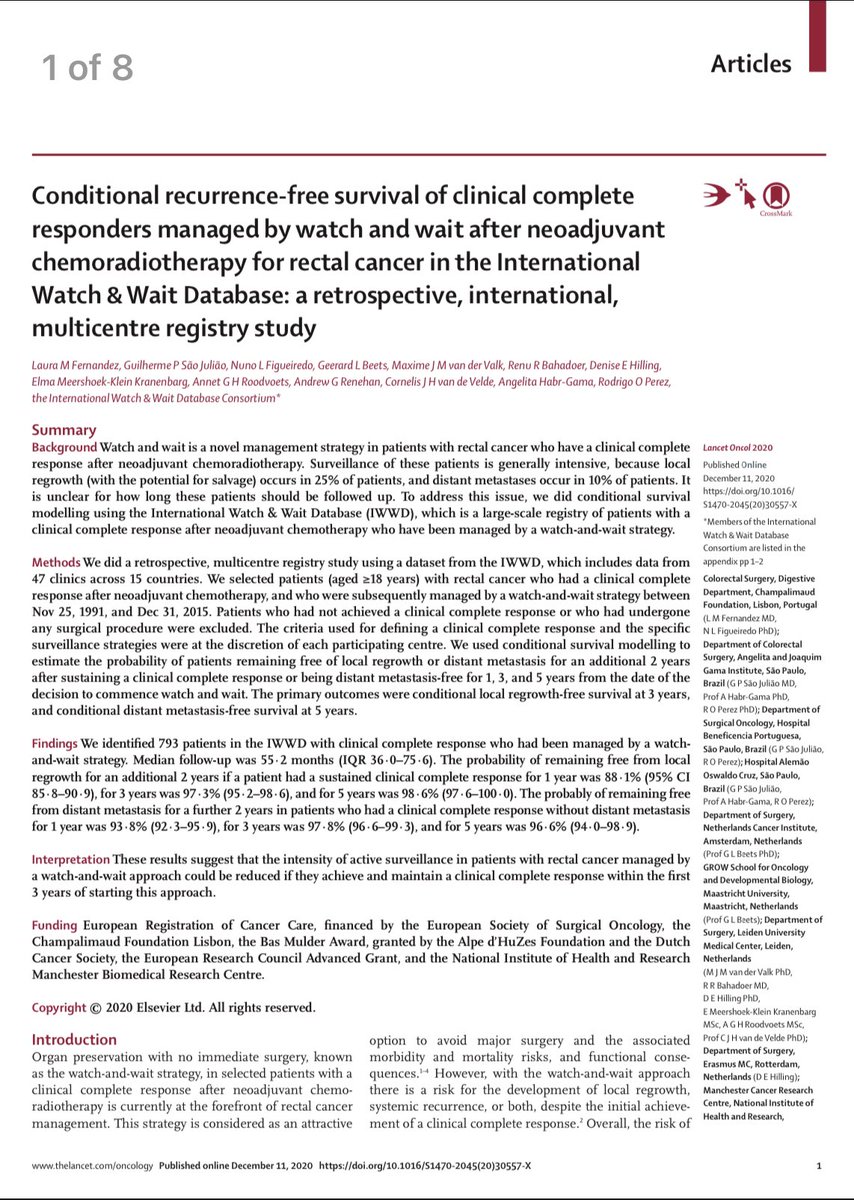 Interesting results from the multicenter IWWD - the risk of local regrowth over time and influence of risk factors (baseline T-status & RT-dose) among cCR after WW just out in lancet oncology!