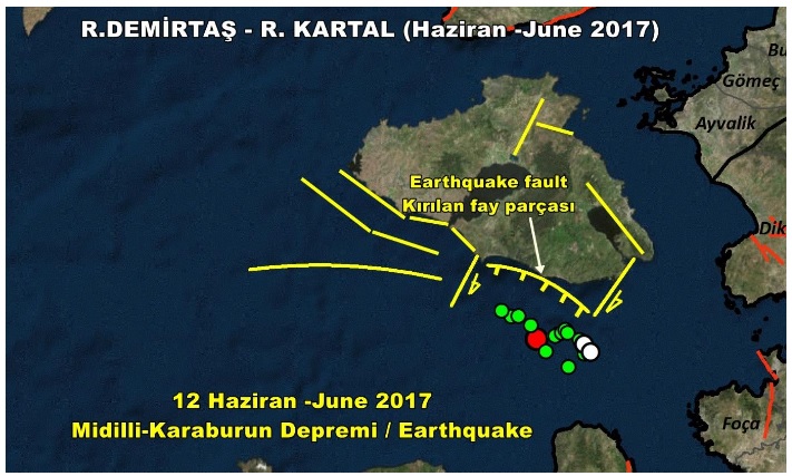 dr ramazan demirtas on twitter 12 haziran 2017 gunu izmir in yaklasik 90 km kuzeybatisinda midilli guneydogusunda mw 6 2 buyuklugunde bir deprem olmustu deprem 15 km uzunluktaki normal faylanma uzerinde olmustu 17 haziran 2017 de