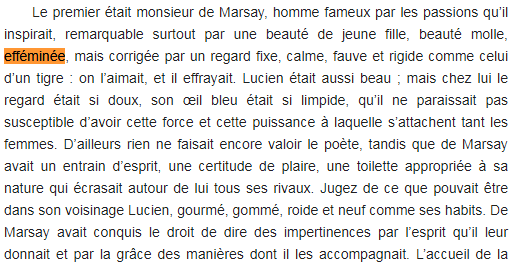 Le de Marsay dont il est question et qui figure un modèle pour Lucien est un élégant viveur bien installé dans l'aristocratie parisienne caractérisé par "une beauté de jeune fille, beauté molle, efféminée". C'est un arriviste à la morale plus que douteuse.