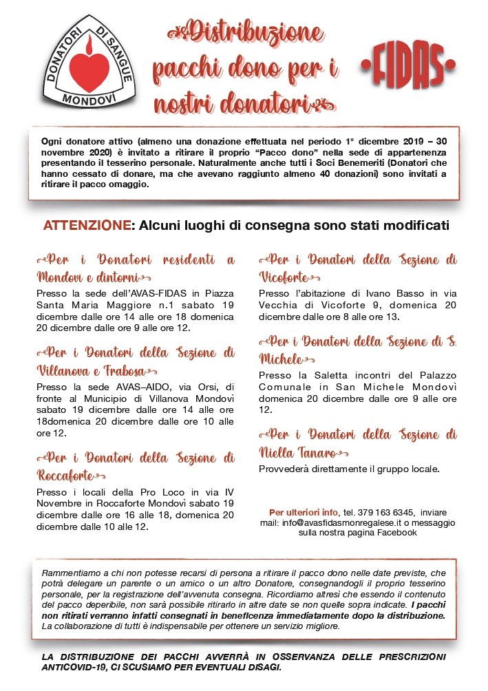 AvasFidas's tweet photo. ‼️ATTENZIONE - Causa Covid-19 alcuni orari e sedi di consegna sono stati modificati. Non è invece cambiata la nostra volontà di ringraziare tutti i nostri donatori con il consueto, ma sempre sentito, pacco dono di Natale.
#fidasmonregalese #donasanguedonavita #Natale https://t.co/gPjn2hJwti