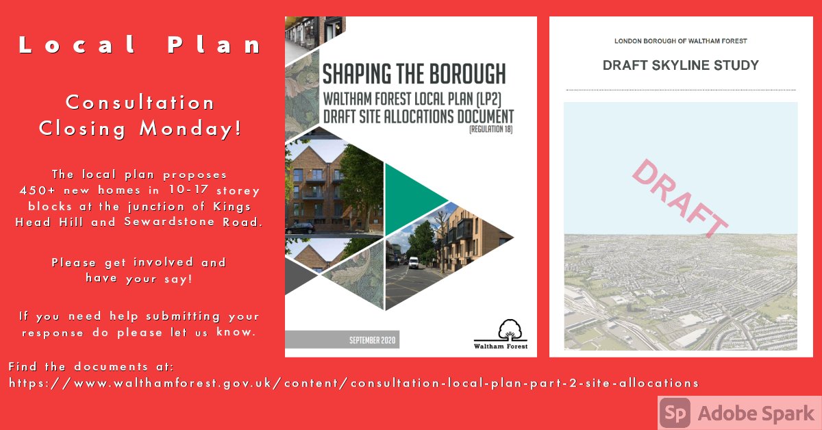 Public consultation for the local plan site allocation closes on Monday. Please review the documents at walthamforest.gov.uk/content/consul… and have your say! We are very concerned by the plans for 450+ new homes at Kings Head Hill and Sewardstone Rd in 10-17 storey blocks.