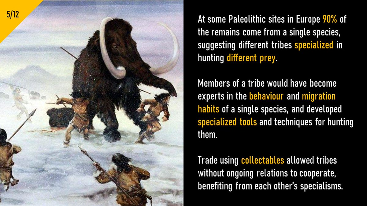 5/ During hard times, collectables could be exchanged with foreign tribes for food. Spot trades allowed tribes involved to benefit from greater:1. abundance of meat2. availability of meat at different times3. nutritional variety4. productivity through specialisation