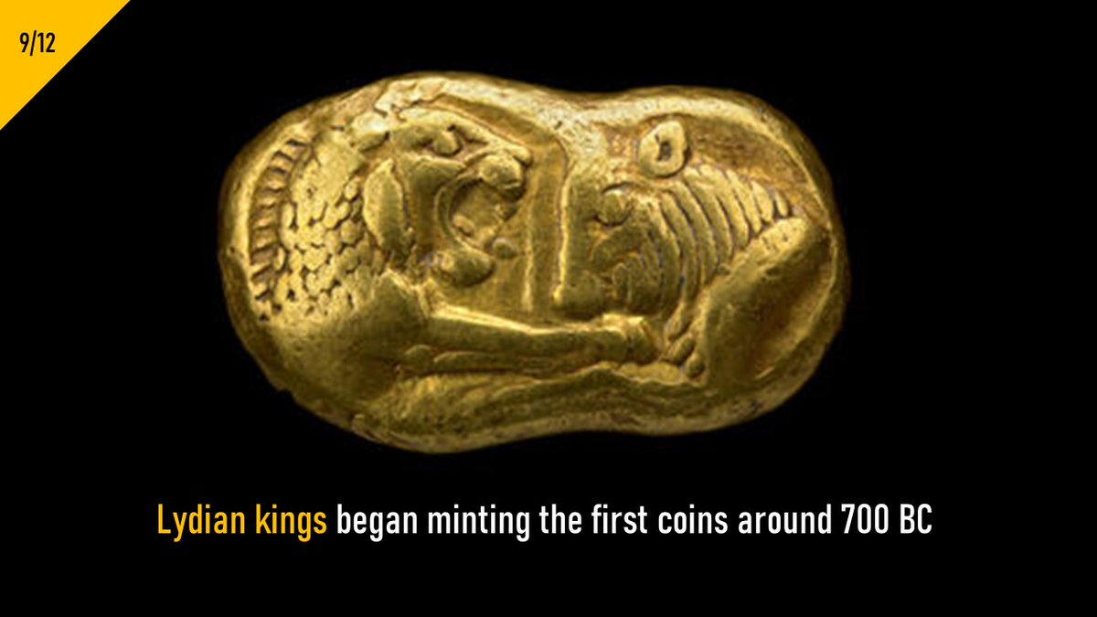 9/ Gradually, as its trade value became better understood, people started to standardise jewellery to increase its fungibility. Standardisation aided the transition to coinage, that began in Lydia around 700 BC. Coins possessed collectables' desired attributes in purer form.