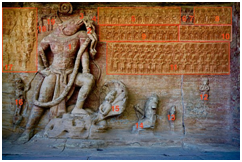 Vishnu adopted the form of a boar and killed Hiranyaksha. He also raised the earth up to its rightful place. (This was the story that was alluded to when the Kurma Purana mentioned Vishnu’s boar incarnation.)"Reference: Udayagiri Caves"