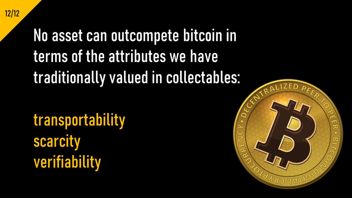 12/ Bitcoin ushered in the next stage in money's evolution. No asset can outcompete it in terms of the attributes we value in collectables: transportability, scarcity and verifiability. On that basis, we should be optimistic about the possibilities it represents for humankind