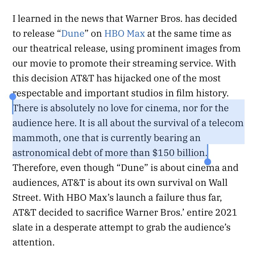Feels like some are still missing forest for trees here but Villeneuve is also correct. It is not a decision dictated by viewing experience or “for the fans”, it was a decision that was made to sell a streaming service with no regard to the artists at work  https://variety.com/2020/film/news/dune-denis-villeneuve-blasts-warner-bros-1234851270/amp/?__twitter_impression=true
